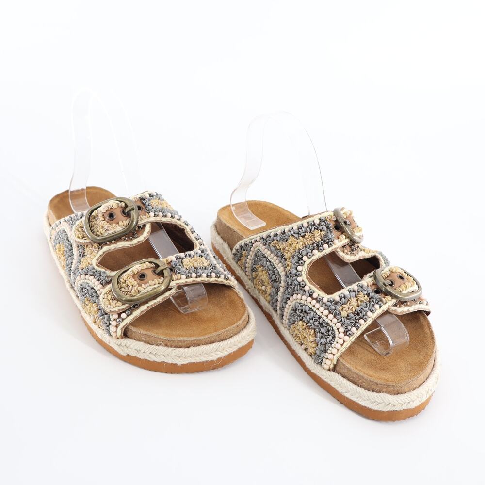House of Harlow 1960 Women's Sz 8 Beaded Double Buckle Slides Sandals Gray